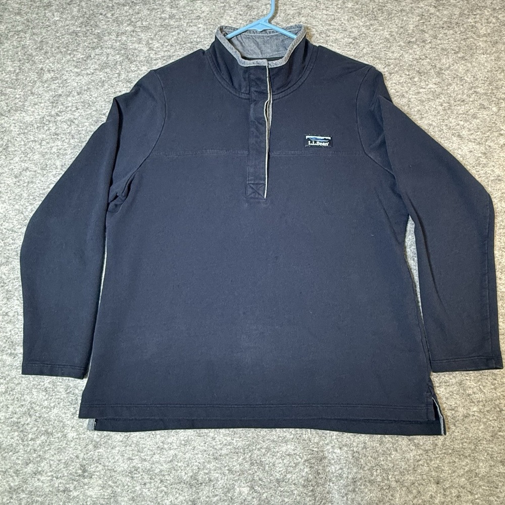 LL Bean Pullover Sweatshirt Womens L Petite Blue Half Snap Cotton